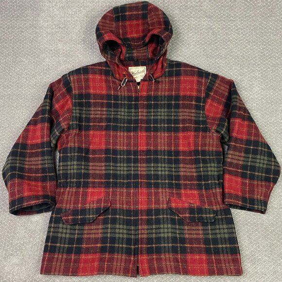 Vintage Woolrich Coat Jacket Women's Large Red Plaid Wool Hooded Full Zip USA - Picture 1 of 14